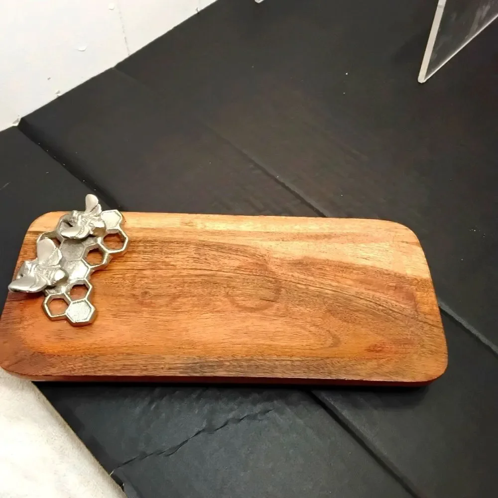 Wooden serving Tray with Silver Bee Honey cone Accents
